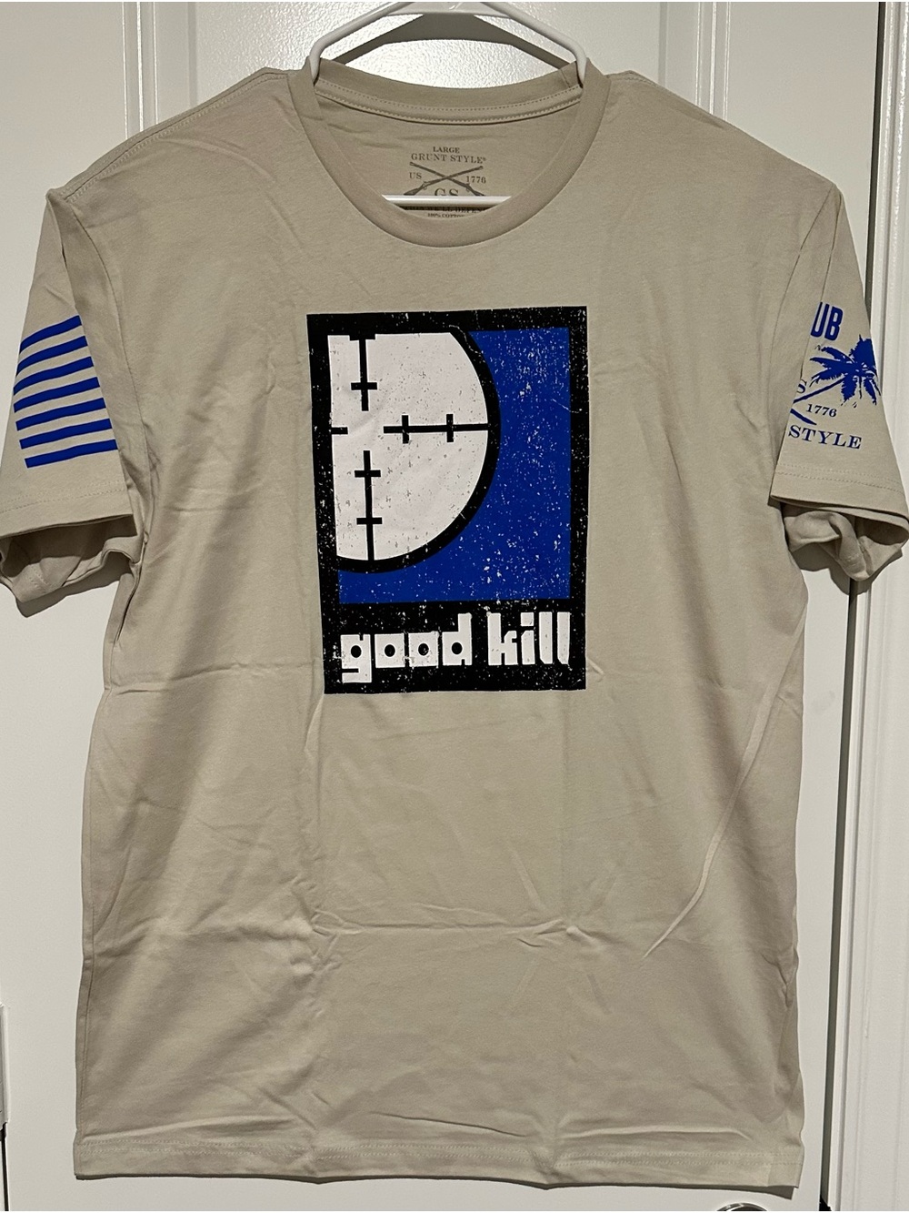 Grunt Style Beige Short Sleeve Tee with Blue & Black Target Graphic